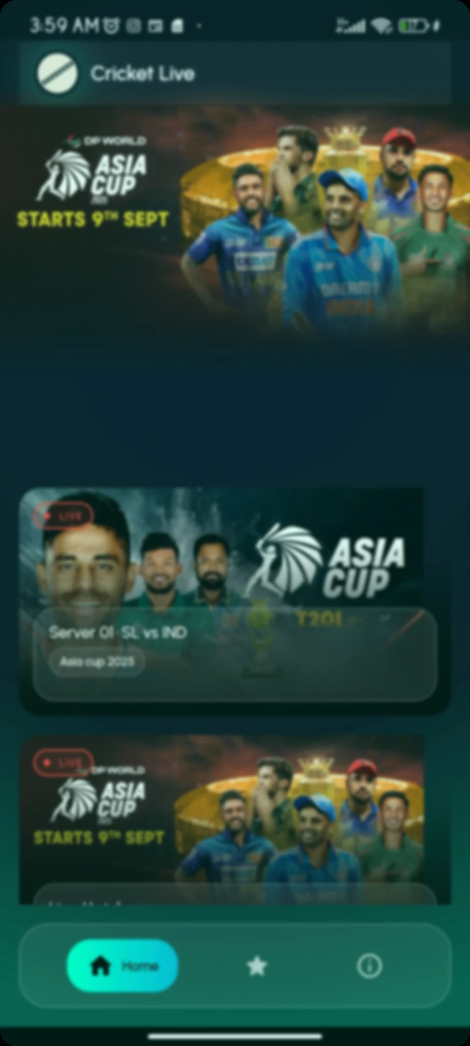 Home screen with live matches